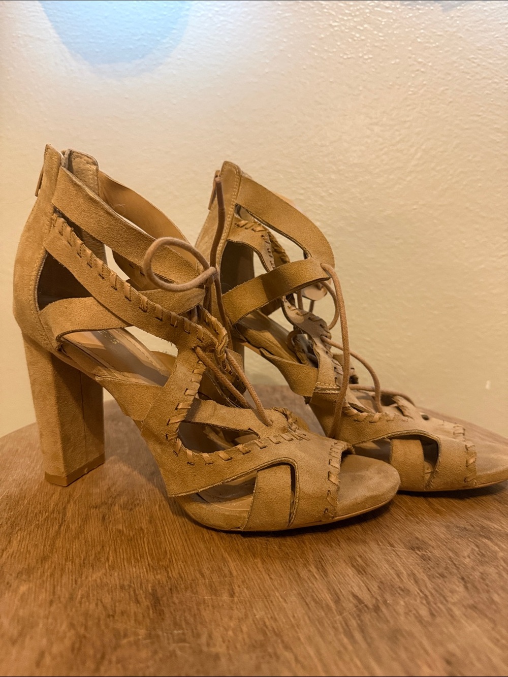 Women's Tan Suede Lace-Up Block Heel Sandals